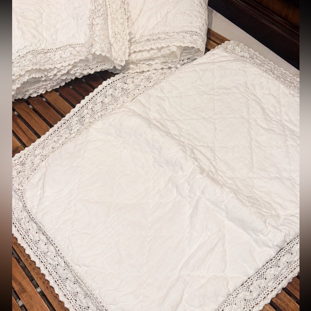 Simply Shabby Chic 3pc Quilt Shams Set Linen Blend Crochet Trim White Full Queen - Picture 8 of 16